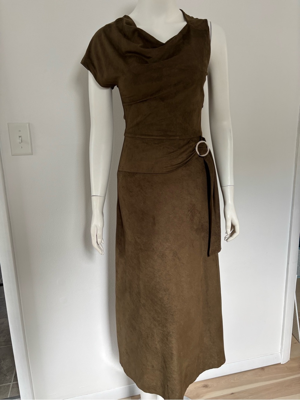 Zara Brown Cowl Neck Midi Dress with Side Ring Accent